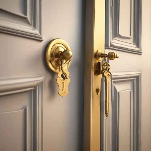 Golden key unlocking the door of an old Victorian house with tenants occupying inside