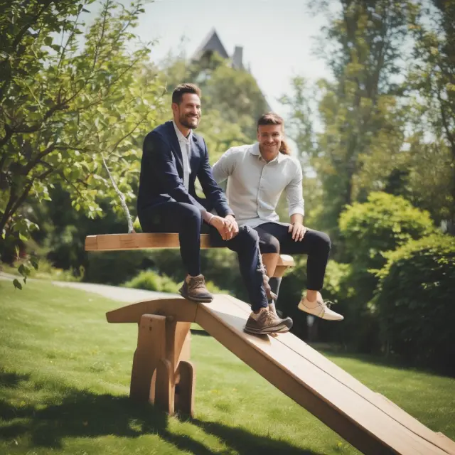 Landlord and tenant seated on opposite ends of a seesaw, representing their agreement to enter into a flexible tenancy-at-will arrangement