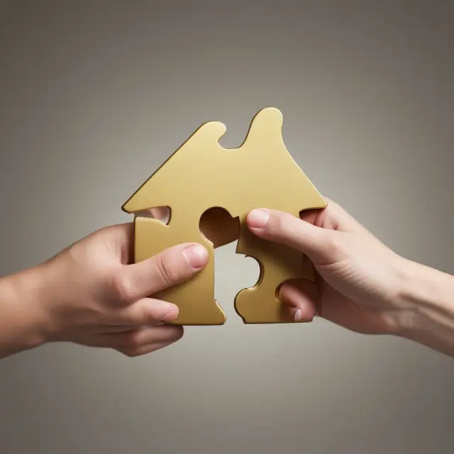 Golden heart-shaped puzzle piece unites hands forming a house, representing the connection and financial security of tenancy by entirety