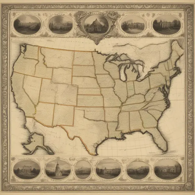 Golden map with twenty-five marked states and Washington D.C., illustrating tenancy by the entirety availability