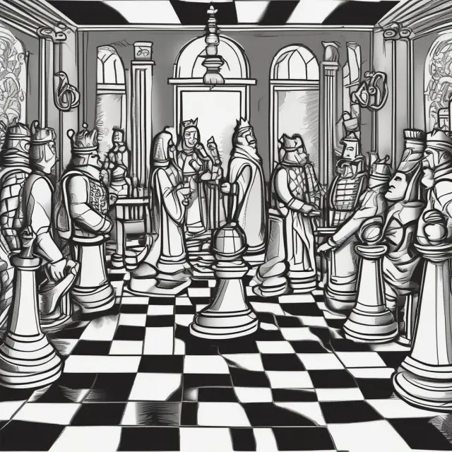 Evaluation committee as a king on a chessboard, assessing strategic bids from potential knight bidders in a tender process