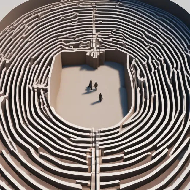 A five-gate labyrinth illustrating the tender process: call for submissions, bid submission, evaluation, selection, and contract formation.