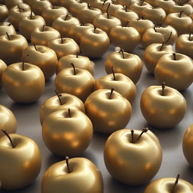 Golden apples transforming into competitive bids on a transparent tendering table, symbolizing fair competition in the public sector
