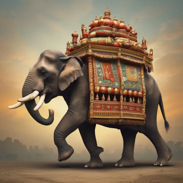 An elephant carrying a bustling marketplace on its broad back, illustrating the tendering process