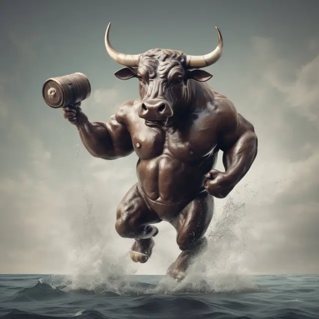 A bull figure representing securities laws and regulations, holding a gavel symbolizing antitrust, navigates calmly in a boat amidst regulatory waters.