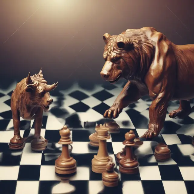Golden bull and bear figures engaged in a digital chess game, symbolizing the evolving role of technology in tender offers