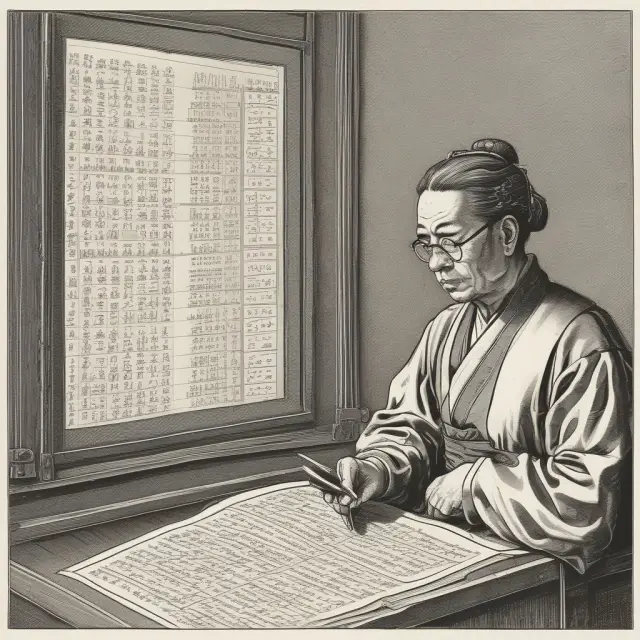An image of a mathematician meticulously working out the formula for calculating the Tenkan-Sen line, represented by a scroll filled with price data