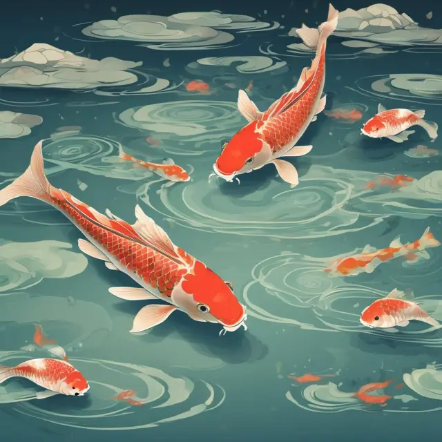 Koi fish swimming in front of the reflection of Tenkan-Sen line in a clear pond. Traders looking for direction.