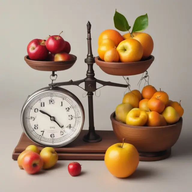 A balance scales with various fruits symbolizing management fees (apple), trading expenses (orange), administrative charges (pear), and net assets to calculate a fund