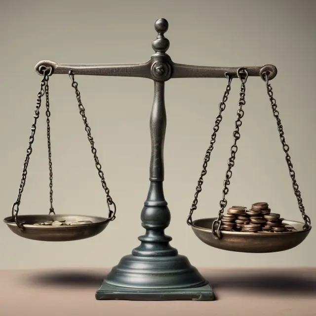 A balance scale holding two coins labeled 