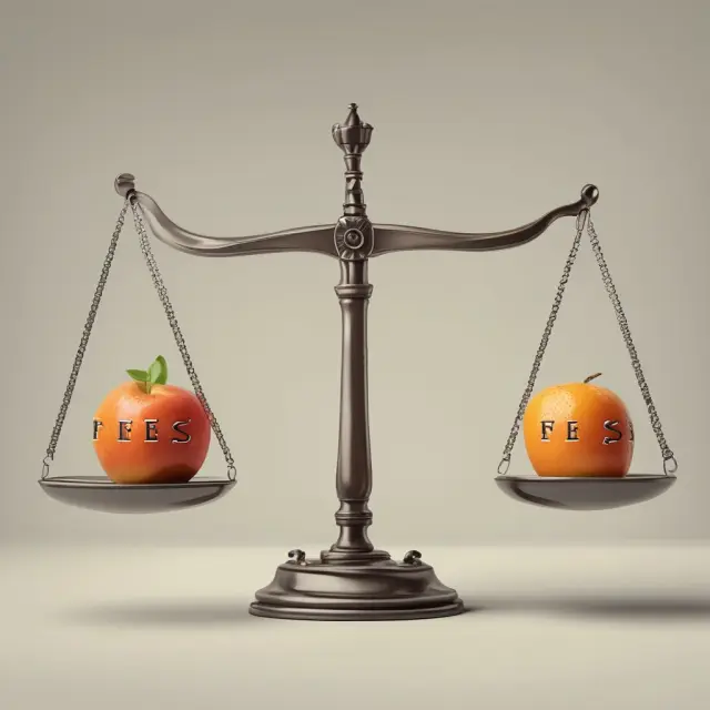 Scale displays fruits: apples (fees) outweighing oranges (returns), symbolizing high TER impacting investment returns