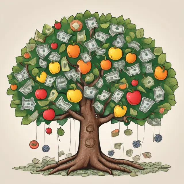 A vibrant money tree illustrating the different types of term deposits - regular, callable, no-penalty, jumbo, rates tracking, step-up, and step-down.