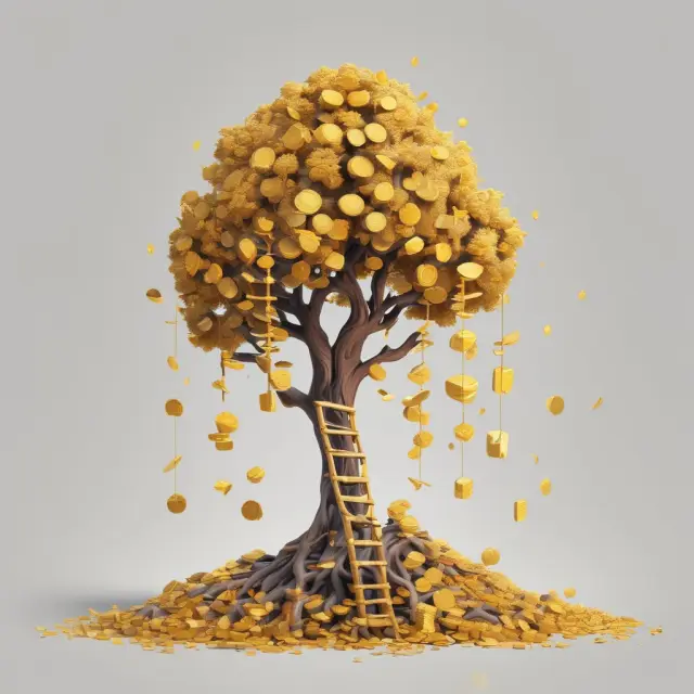 An image of a wooden ladder with steps symbolizing term deposit maturities, reaching up to a tree adorned with golden coins representing returns