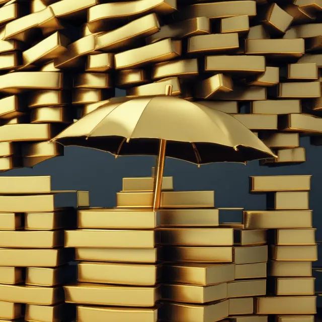 A golden bar stack is protected by an umbrella with the words