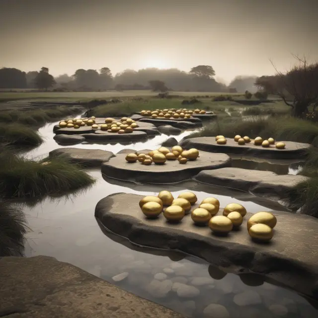 A person crossing a river, carrying golden eggs that represent term deposit investments on stepping stones symbolizing different terms and maturities.