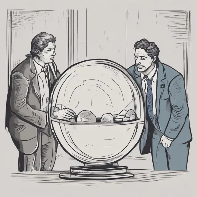 An employee and an employer standing before a crystal ball, contemplating voluntary or involuntary termination