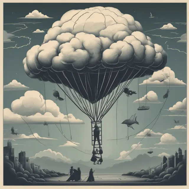 A scale with workers on one side and companies on the other, under a storm cloud; an employee holds a parachute (severance) while another climbs a ladder (COBRA).