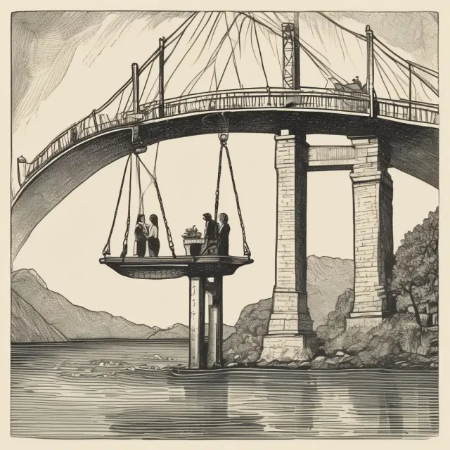 An employee and employer are seen in deep discussion at a bridge, symbolizing the negotiation of a severance package. The balance scale represents fairness in negotiations.