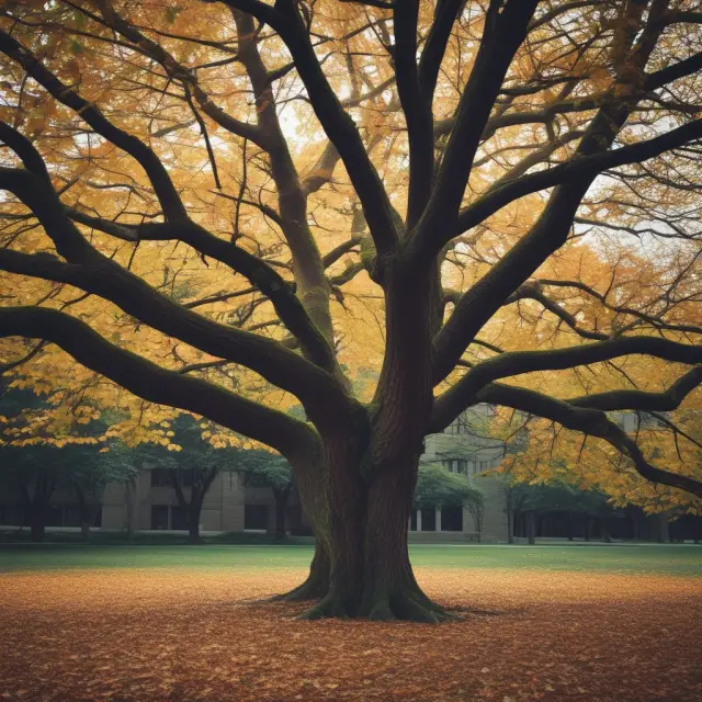 A tree with leaves turning red and falling off, representing the emotional stages of job loss and renewal