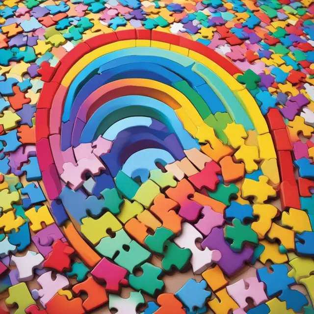 Three vibrant puzzle pieces representing level term, yearly renewable term, and decreasing term policies forming a rainbow bridge, illustrating various types of term life insurance.