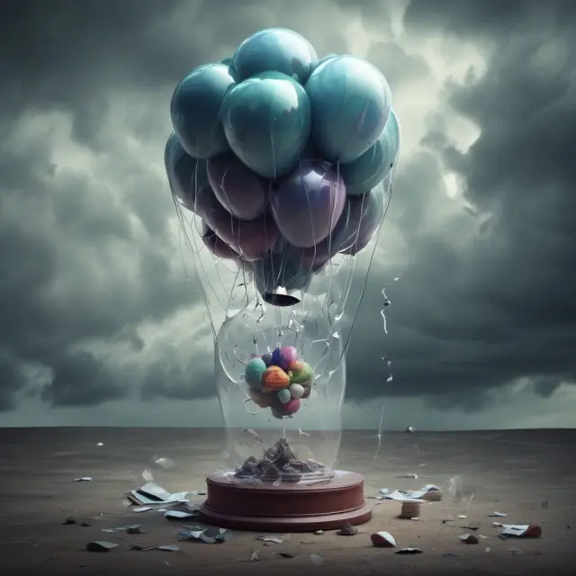 Glass vase represents term loan; Balloons symbolize balloon payments, shattering it; Ground signifies collateral ensuring stability; Stormy skies represent economic downturns