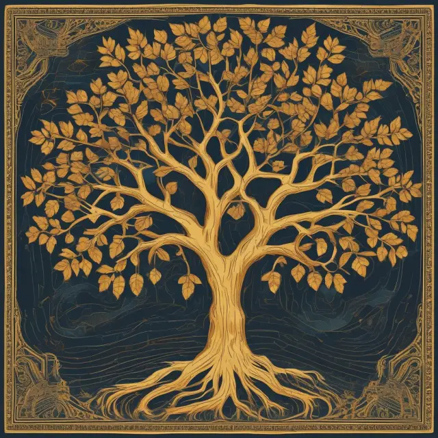An ornate golden tree with intertwining roots forming a business map, representing SBA fixed-rate loans