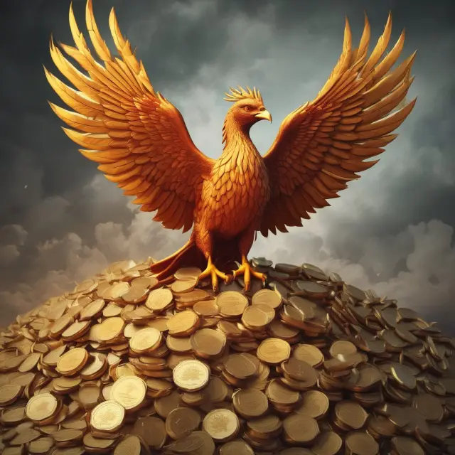A mythical phoenix rises from a mound of gold coins, symbolizing the financial transformation and growth potential of institutional investors through term loans.