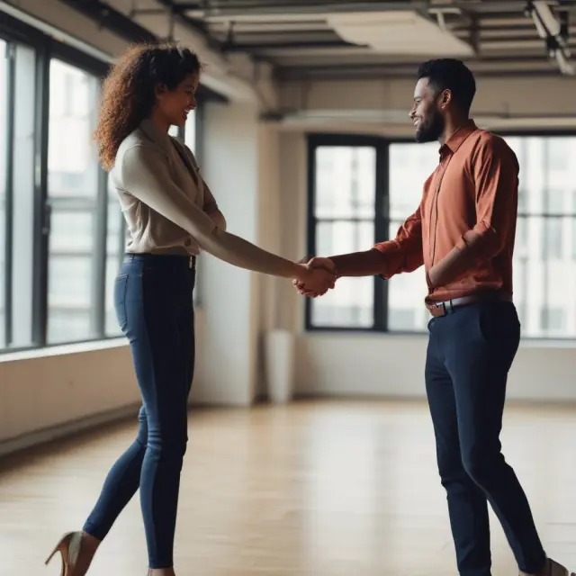A job applicant and employer engaged in a graceful dance, exchanging terms and conditions for employment, symbolizing effective negotiations
