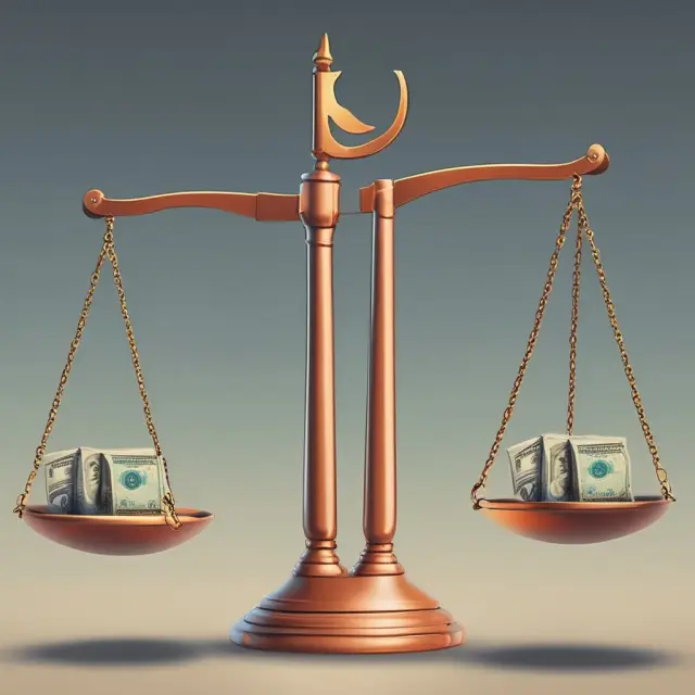 Two balanced scales illustrating imports and exports, with exchange rates depicted as swinging pendulums impacting the balance