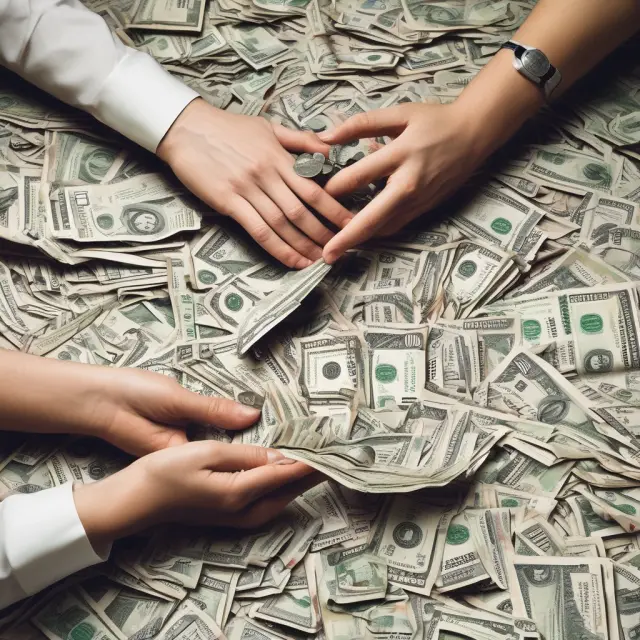 Artwork depicting two hands constructing term sheets: One holding stocks, the other gold coins - representing investment and debt.