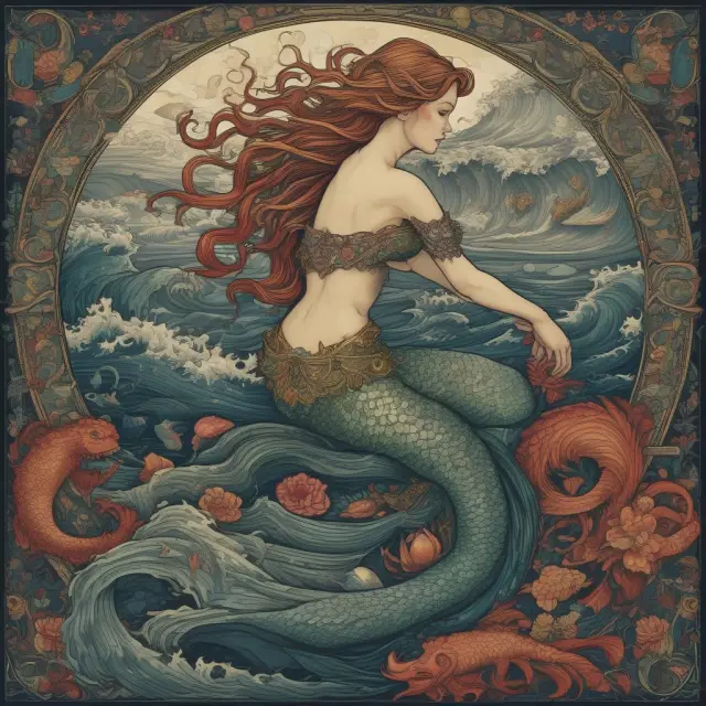 An underwater scene with a mermaid creating a tapestry from interest rate curves. Surrounded by choppy waters, she faces challenges in the form of monetary policy and market sentiment.