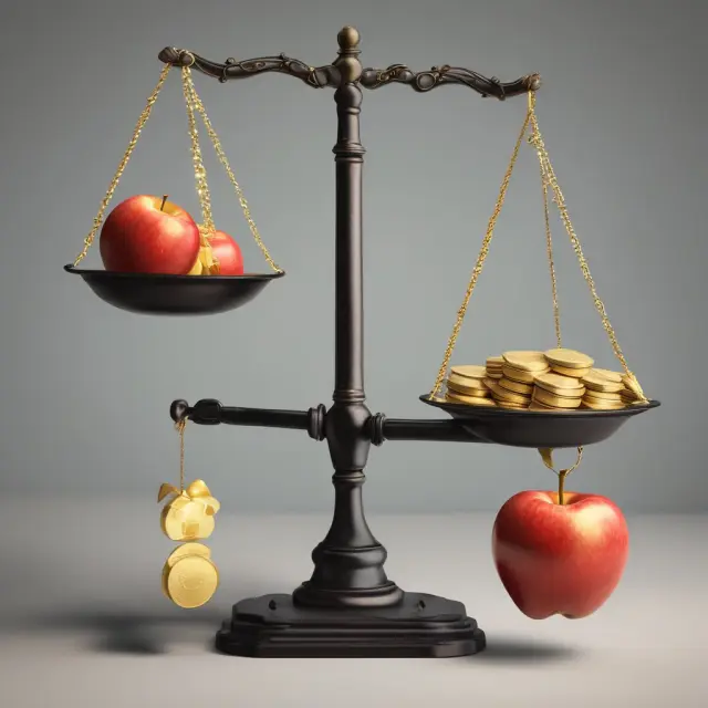 Golden coins represent for-profit tertiary industries, and apples symbolize nonprofit entities on a scale. Illustrating their role in the economy