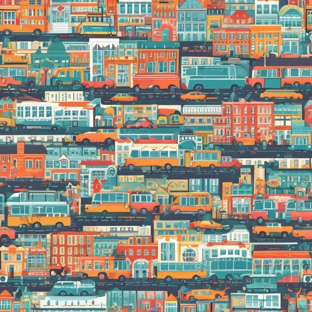Image: A colorful mosaic representing tertiary industry organizations, including for-profit transportation, finance, education, healthcare, and hospitality businesses, alongside nonprofits.