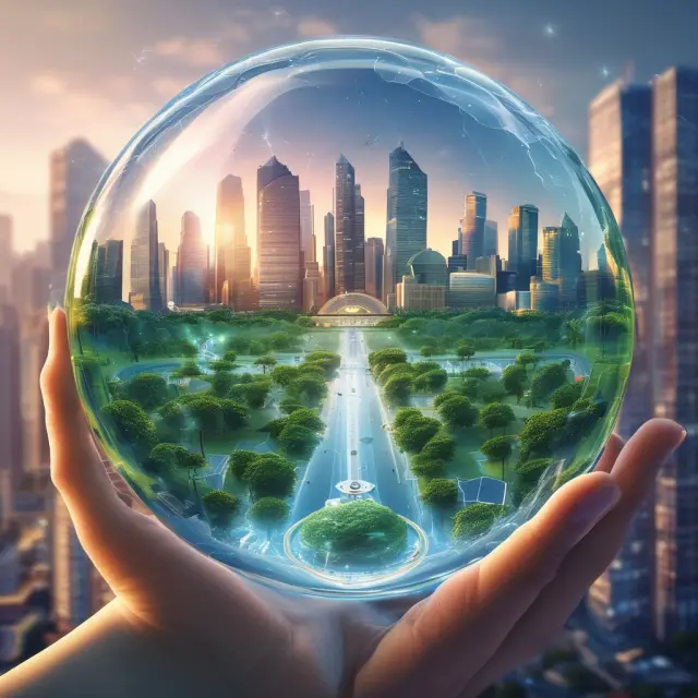 A vision of the future tertiary industry: AI chatbots in a city filled with smart grids, telehealth clinics, online classrooms, and green energy infrastructure