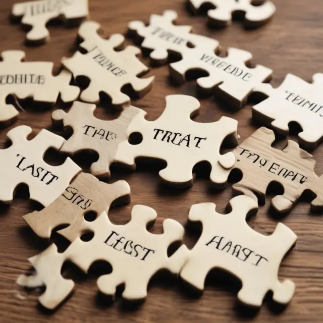 An intricate puzzle made of interlocking pieces symbolizing the testator, trustee, beneficiary, and probate process creating a testamentary trust