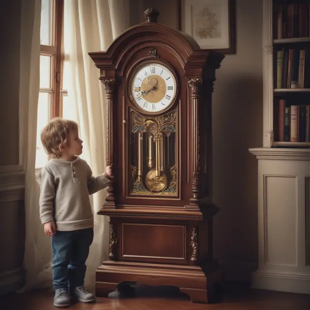 Grandfather clock releasing gold coins to children, representing testamentary trusts that distribute assets according to specific conditions.
