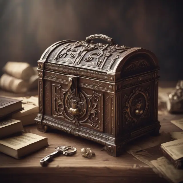 A wooden chest with a will resting atop it, being handed off to a wise advisor figure, signifying the creation and management of a testamentary trust