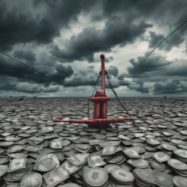 A stable anchor holding Chinese yuan, Mexican pesos, and Euro, as storm clouds gather above, symbolizing Tether