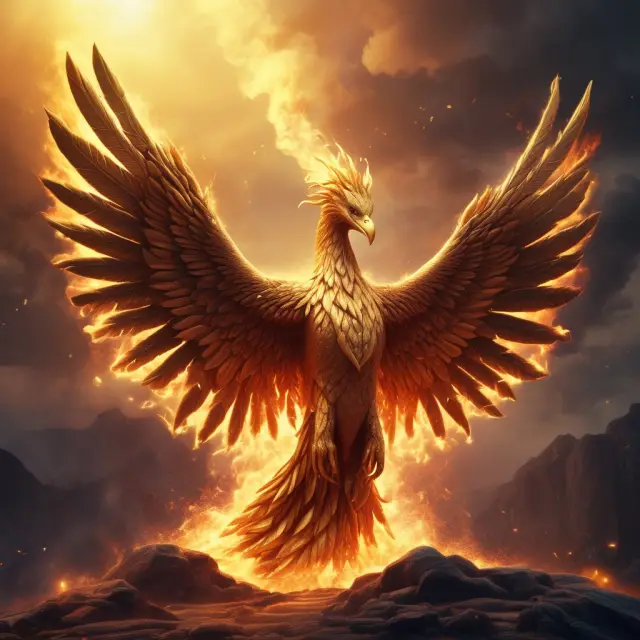 Golden phoenix rising from financial ashes, signifying Tezos