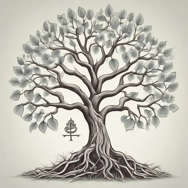 A tree symbolizing Tezos with roots in Decentralized Finance, branches for Smart Contracts, and leaves representing Staking, promoting energy efficiency.
