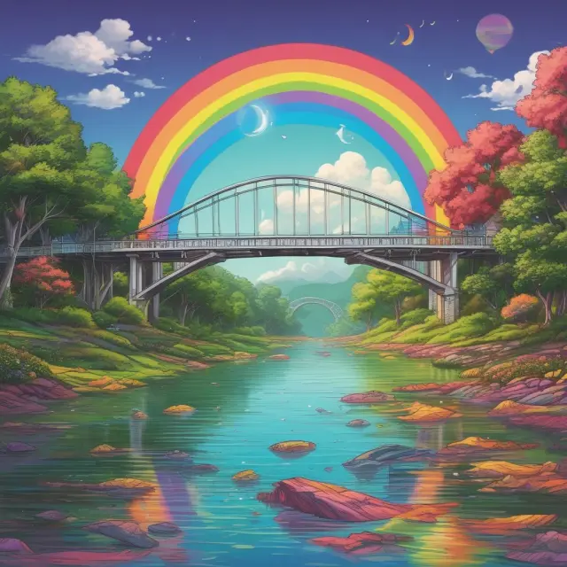A vibrant rainbow bridge linking diverse innovators to the Tezos foundation, symbolizing funding and collaboration for ecosystem growth.
