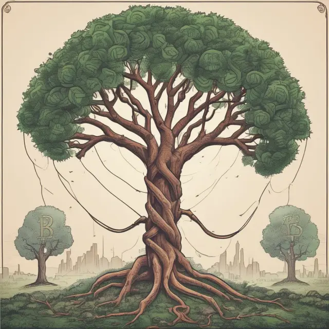 A three-branch tree symbolizing Bitcoin, Ethereum, and Tezos. Their roots intertwine as they reach for the sun, representing their connections and comparisons within the cryptocurrency landscape.