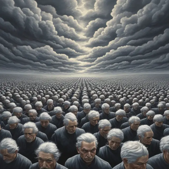 A gathering storm cloud parting over a sea of silver-haired heads representing the Greatest Generation and their historical experiences