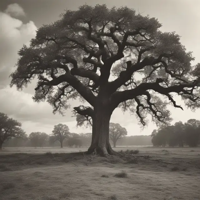 An oak tree growing amidst the chaos of the Great Depression, representing the unwavering resilience and adaptability of the Greatest Generation