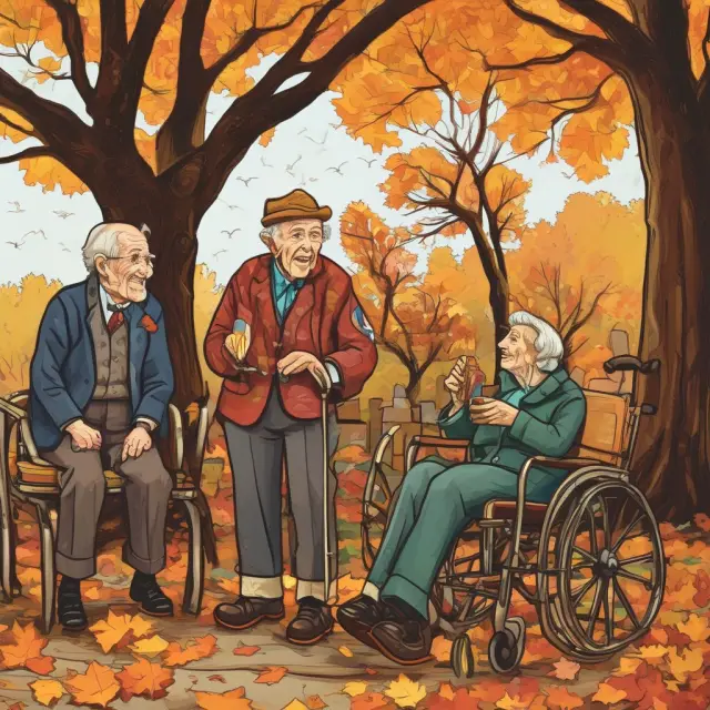 A group of centenarians, representing the Greatest Generation, scattering like autumn leaves to symbolize their decreasing numbers and the passing of time.