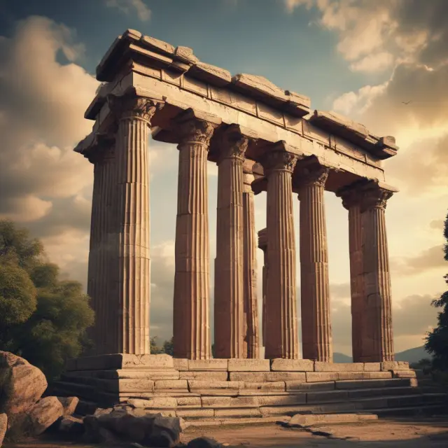 An image of the Greatest Generation represented by ancient, strong pillars standing against a backdrop of modern cityscapes, symbolizing their influence on contemporary finance and economics.