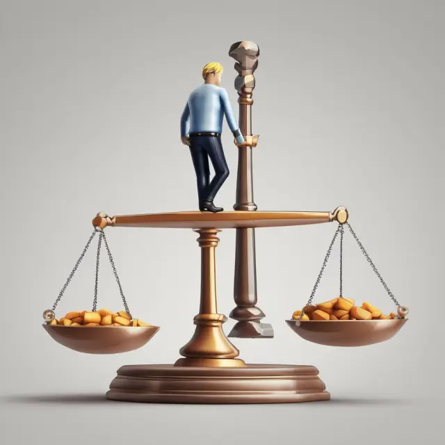 An investor holding a scale with one pan representing the stock price and the other pan representing the right subscription price, finding balance while calculating theoretical value.