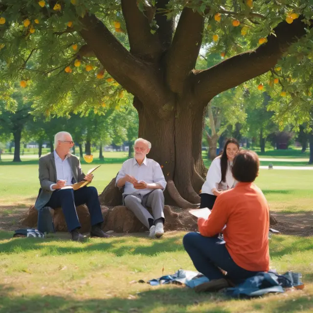 A shareholder meeting under an apple tree with three growing branches - each representing a new share from a rights offering, and the golden apple symbolizing the theoretical ex-rights price (TERP)