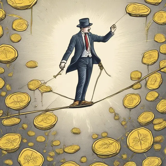 A person walking on a tightrope, carrying bags of gold coins (representing short-term profits) and seeds (symbolizing long-term investment).