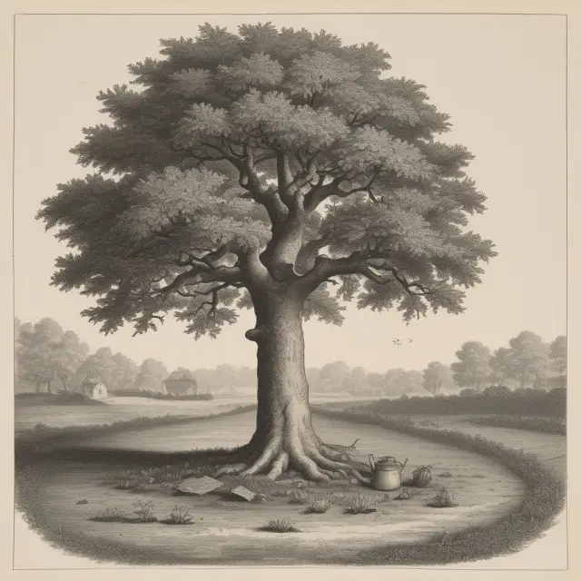 A mature, thriving oak tree represents long-term company goals such as sustainability. A watering can labeled 